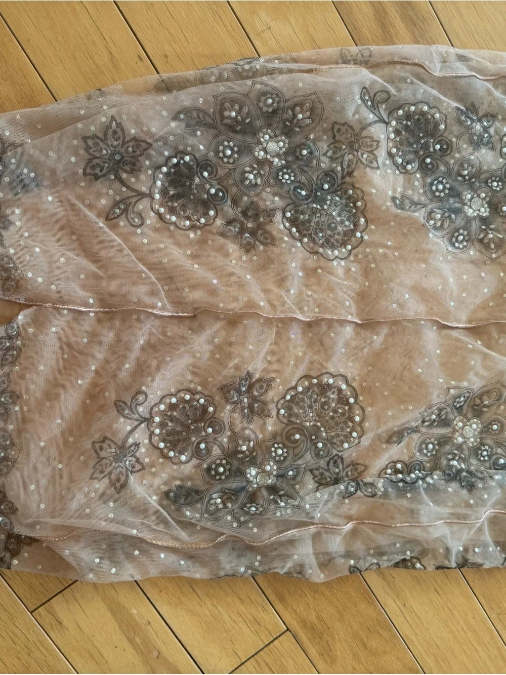 La Perla Beige Lace Mini Skirt with Gray Floral Beading